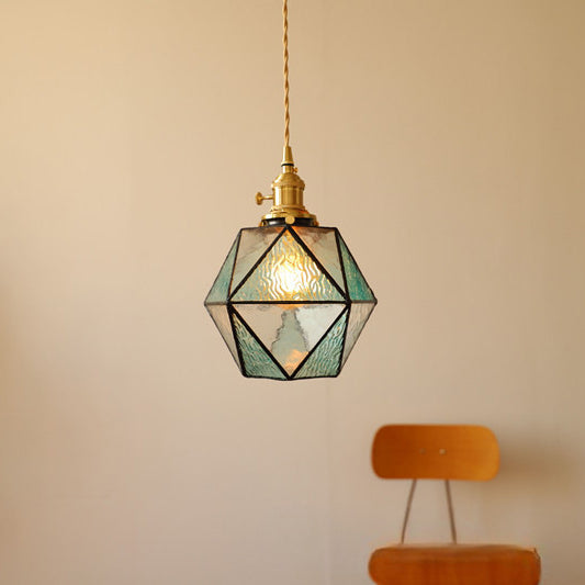 Traditionelle Vintage polygonale Messing Buntglas 1-Licht Pendelleuchte für Wohnzimmer 