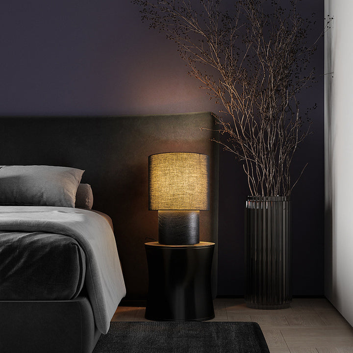 Lampe de Table 1 Lumière en Bois et Tissu Cylindrique de Ferme Traditionnelle pour Chevet 