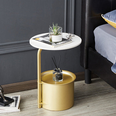 Table d'appoint moderne minimaliste ronde en fer avec plateau en pierre - 1 rangement pour salon 