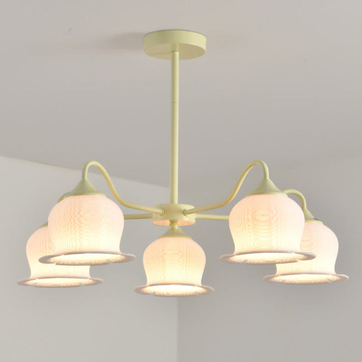 Moderner Art-Deco-Kronleuchter mit Eisenrahmen und PLA-Glocken-Orchideen-Blumenschirm, 3/5/6 Lichter, für Wohnzimmer 