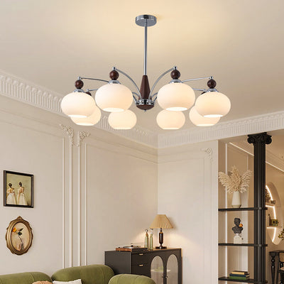 Modern Transitional Glass Round Shade Wood Branch 3/5/6/8 Light Chandelier For Living Room