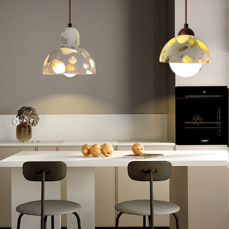 Moderne minimalistische runde Halbkugel Zement Massivholz 1-Licht Pendelleuchte für Schlafzimmer