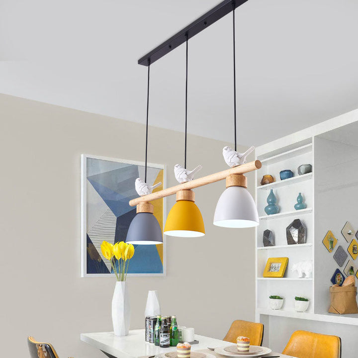 Lustre contemporain scandinave rond en bois de fer et résine à 3 lumières pour salle à manger 