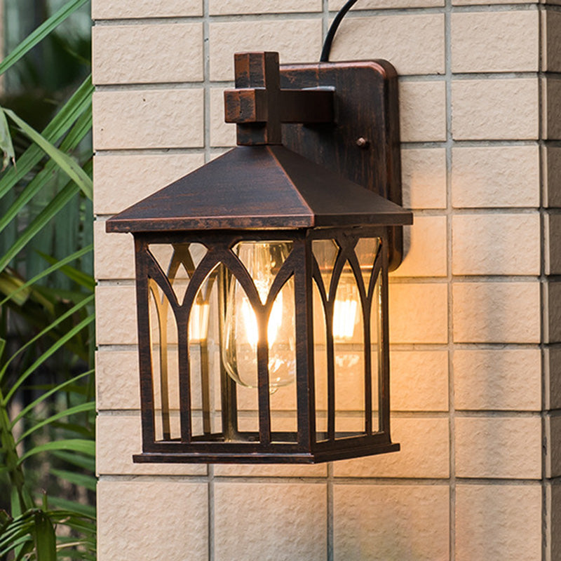 Traditionelle europäische wasserdichte Aluminiumglas-Würfel-1-Licht-Wandleuchterlampe für den Garten 