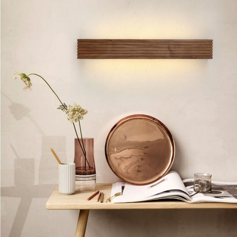 Traditional Chinese Striped Wood Cuboid LED Vanity Mirror Front Wall Sconce Lamp For Bathroom