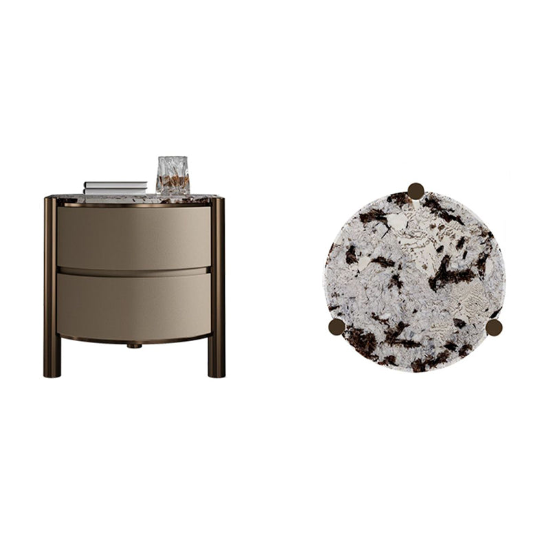 Modern Luxury Round Tabletop Marble Plywood Stainless Steel Microfiber Leather Nightstand 2-Drawer For Bedroom