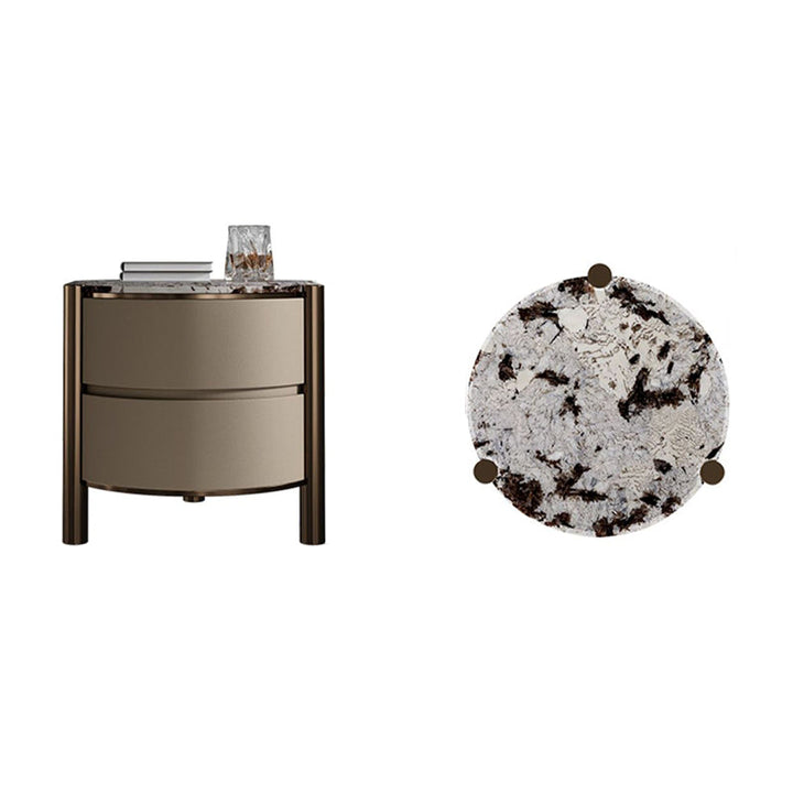 Modern Luxury Round Tabletop Marble Plywood Stainless Steel Microfiber Leather Nightstand 2-Drawer For Bedroom