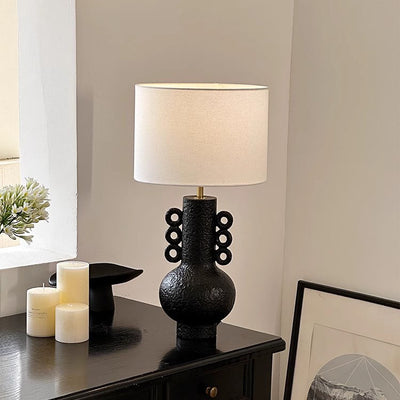 Traditional Japanese Drum Fabric Jug Resin Base 1-Light Table Lamp For Bedroom