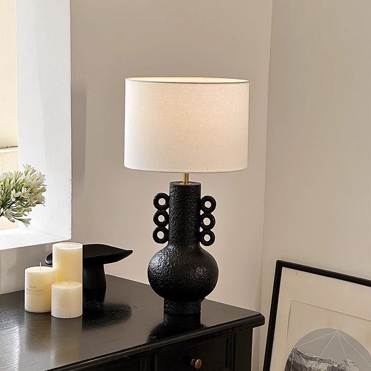 Lampe de table à 1 lumière avec base en résine et pichet en tissu à tambour japonais traditionnel pour chambre à coucher 