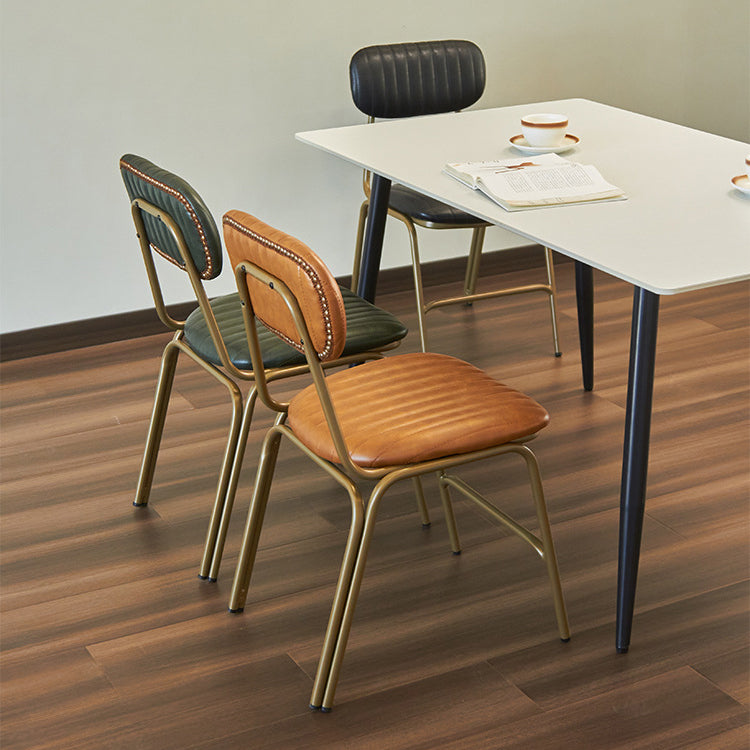 Chaise de salle à manger contemporaine en cuir industriel avec dossier et repose-pieds en fer carré à rayures elliptiques 