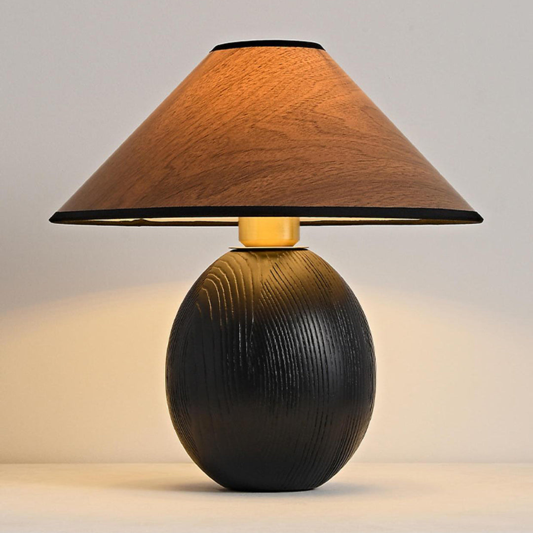 Lampe de table en bois massif trapézoïdal rond japonais traditionnel avec tissu 1 lumière pour chambre 