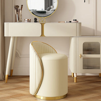 Taburete de tocador de hierro cilíndrico minimalista moderno con respaldo de cuero para dormitorio 
