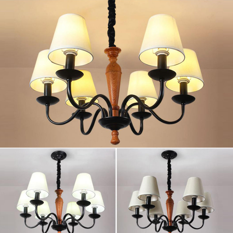 Contemporary Scandinavian Curved Rod Trapezoidal Candle Holder Iron Fabric 3/5/6-Light Chandelier For Living Room