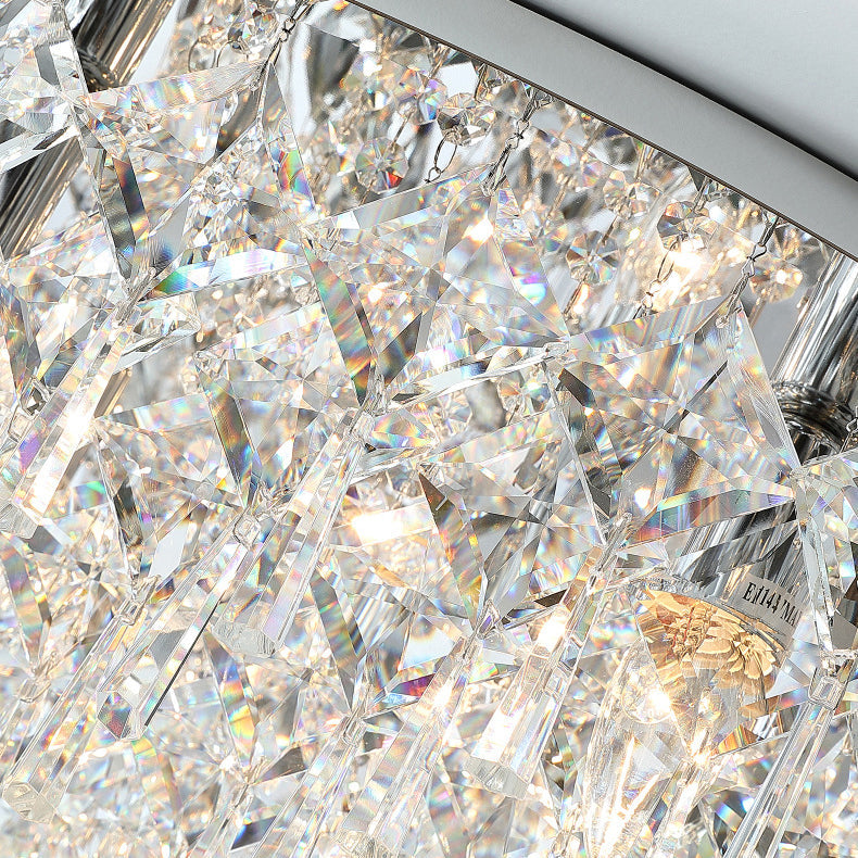Luxe contemporain Éblouissant chaînes de cristal prismatiques Cadre rond en acier inoxydable Plafonnier encastré à 2/6/8 lumières pour salon 
