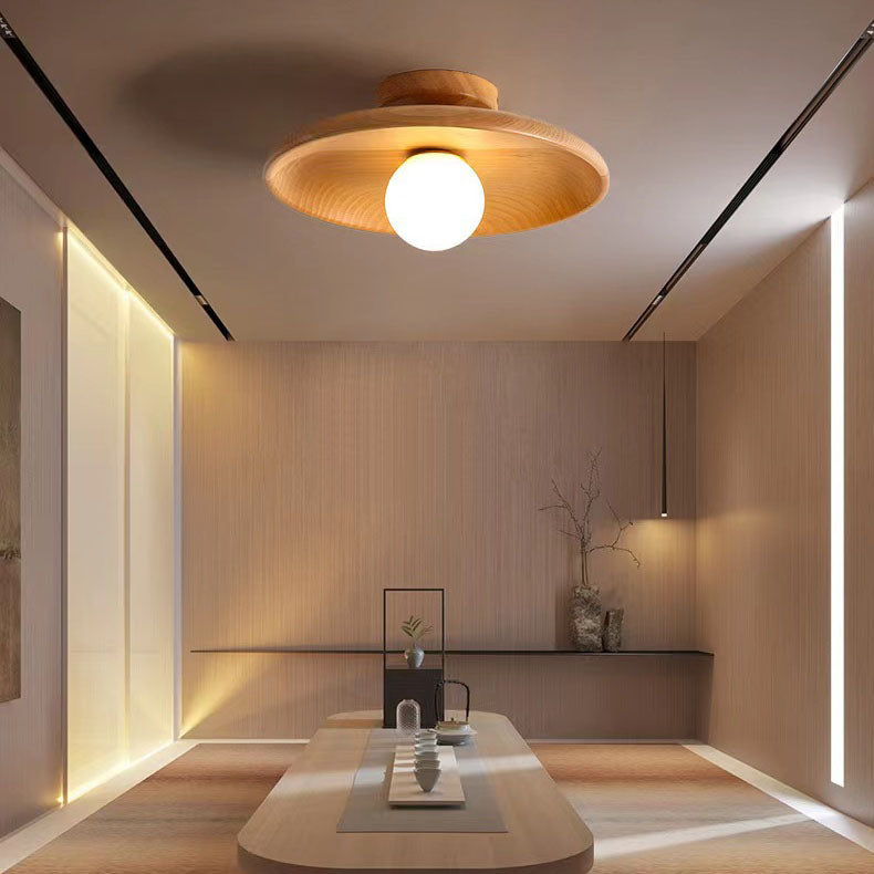 Modern Simplicity Rubberwood Glass Round 1-Light Semi-Flush Mount Ceiling Light For Hallway