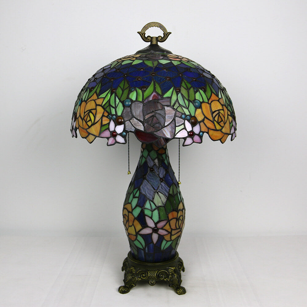Tiffany Vintage Rosenblume Dekor Buntglas Kuppel 2-Licht Tischlampe 