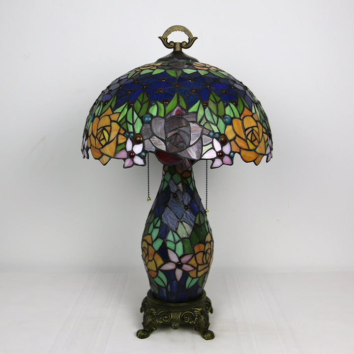 Tiffany Vintage Rosenblume Dekor Buntglas Kuppel 2-Licht Tischlampe 