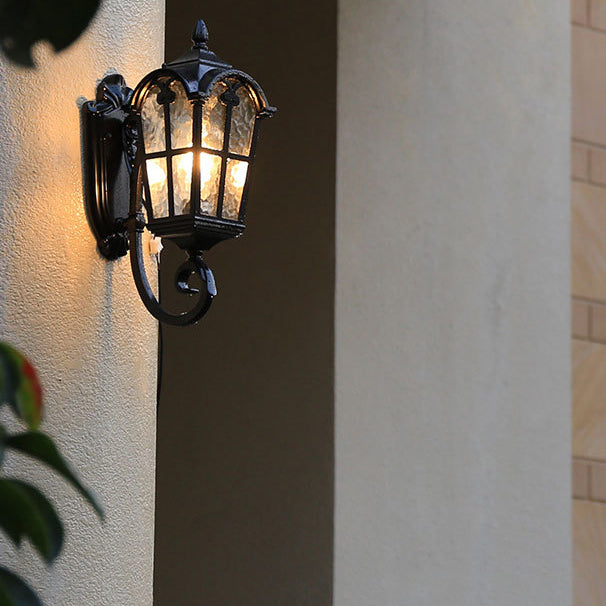 Cilindro de vidrio de aluminio impermeable tradicional europeo con ondas para lámpara de pared de 1 luz para patio exterior 