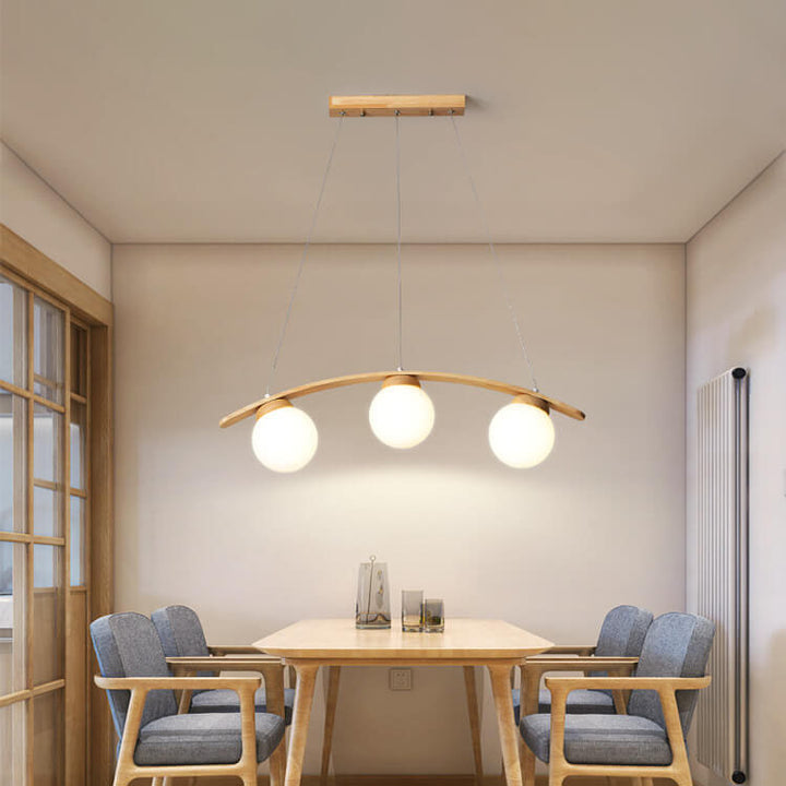 Lustre de l'île à 3 lumières avec cadre en bois Arc Harajuku japonais et boule de verre 