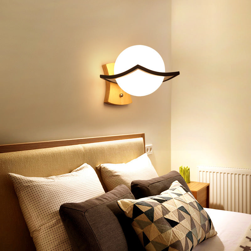Lámpara de aplique de pared de 1 luz de vidrio y madera esférica minimalista moderna para dormitorio 