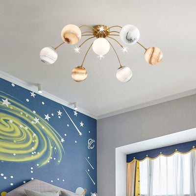 Zeitgenössische Creative Planet Kids Eisen Glas 13-Licht Semi-Flush Mount Deckenleuchte für Schlafzimmer 