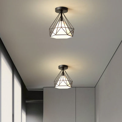 Scandinavian Modern Minimalist Iron Glass Ceramic Flower Diamond 1-Light Semi-Flush Mount Ceiling Light