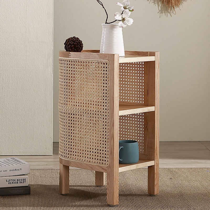 Traditioneller japanischer halbrunder Nachttisch aus Massivholz und Sperrholz mit Rattanweberei, 3-stufig, für das Schlafzimmer 