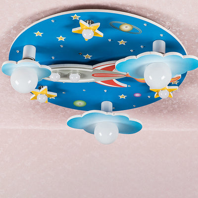 Modern Art Deco Kids Wood Plastic Round Rocket Starry Sky LED Flush Mount Ceiling Light For Bedroom