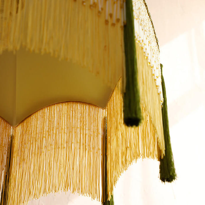 French Vintage Fabric Tassel Lampshade Brass 1-Light Pendant Light
