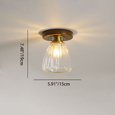 Modern Transitional Glass Cup Shape Solid Wood 1-Light Semi-Flush Mount Ceiling Light For Living Room