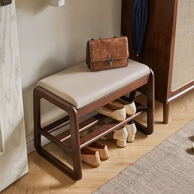 Modern Minimalist Rectangular Rubberwood Faux Leather Shoe Storage Benche For Entryways