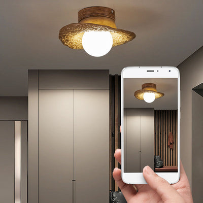 Traditional Vintage Straw Hat Resin Hardware 1-Light Flush Mount Ceiling Light For Bedroom