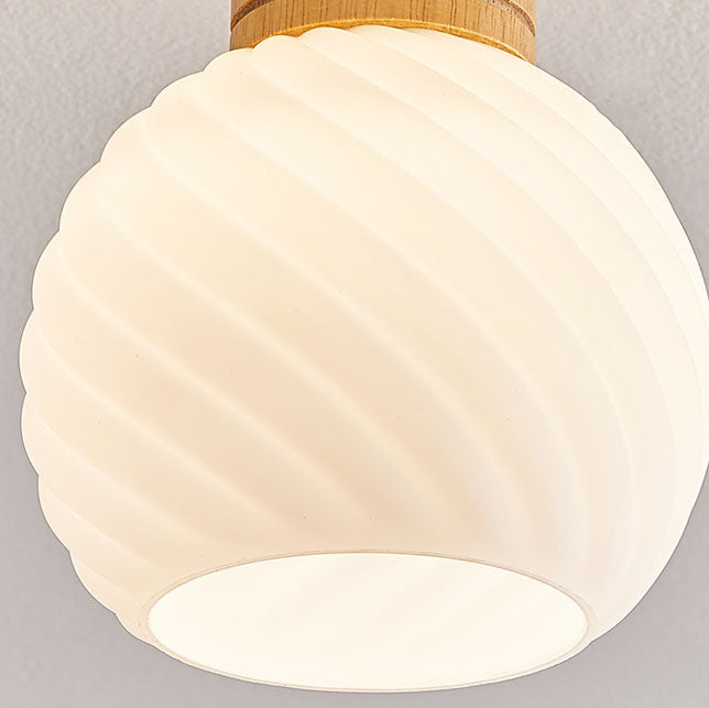 Traditional Japanese Spherical Glass Shape Wood Base1-Light Semi-Flush Mount Ceiling Light For Living Room