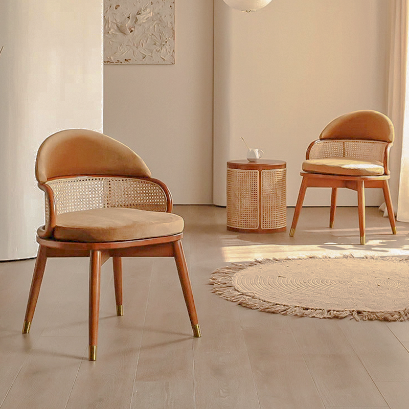 Contemporary Nordic Weaving Ash Wood Rattan Velvet Sponge Round Dining Chair Backrest For Dining Room