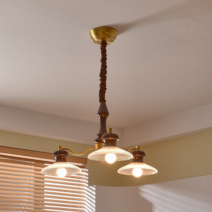 Lustres ronds en laiton vintage traditionnel, fer, bois de frêne, verre, à 3/6/8 lumières pour salle à manger 