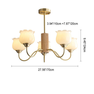 French Light Luxury Full Copper Wood Frame Bell Orchid Resin 5-Light Chandelier