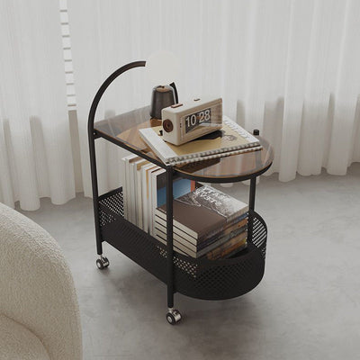 Table d'appoint roulante contemporaine en verre rond avec panier de rangement en fer à 2 niveaux pour salon 