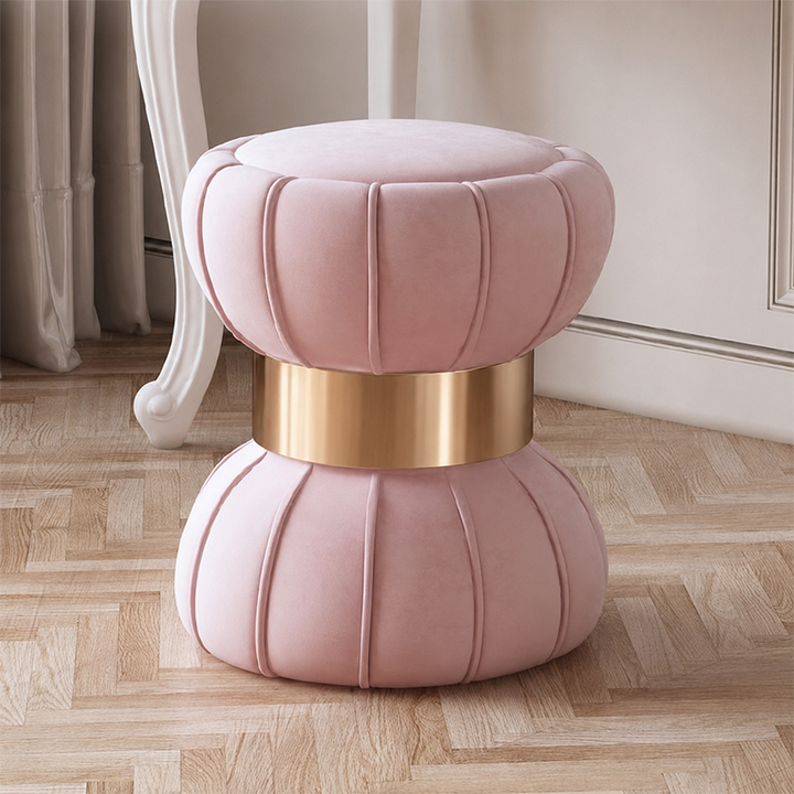 Modern Minimalist Round Velvet Plywood Titanium Gold Brushed Stainless Steel Vanity Stool Backless Armless For Bedroom