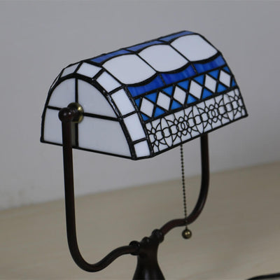 Traditional Tiffany Geometric Stained Glass Bank Pull Cord 1-Light Table Lamp For Home Office