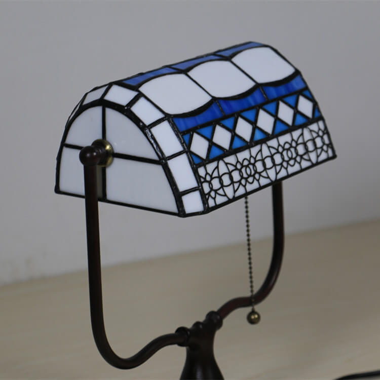 Traditional Tiffany Geometric Stained Glass Bank Pull Cord 1-Light Table Lamp For Home Office