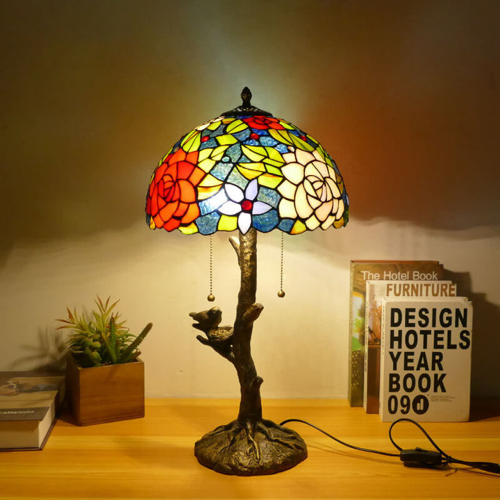 Traditional Tiffany Dragonfly Flower Stained Glass Bird Base 2-Light Table Lamp For Bedroom