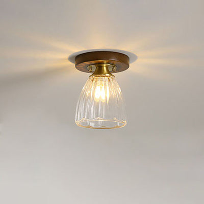 Modern Transitional Glass Cup Shape Solid Wood 1-Light Semi-Flush Mount Ceiling Light For Living Room