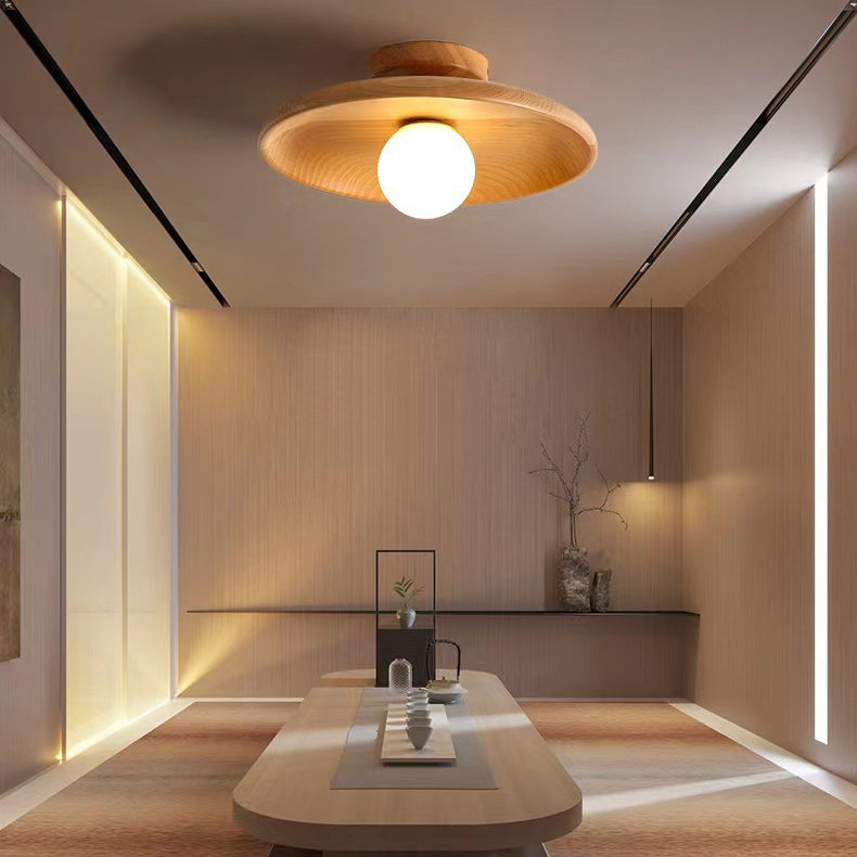 Zeitgenössische Einfachheit Runde Holz Glas 1-Licht Halb Flush Mount Deckenleuchte für Wohnzimmer