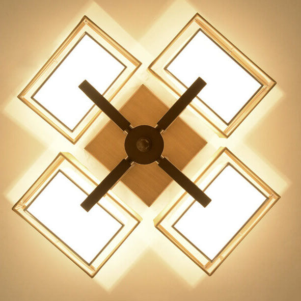 Modern Chinese Fabric Square Geometric Hardware 4-Light Semi-Flush Mount Ceiling Light