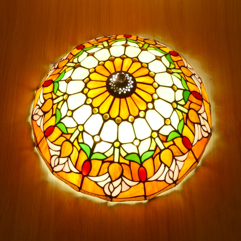Plafonnier en verre teinté Tiffany Tulip traditionnel à dôme en fer 2/3 lumières pour salon 
