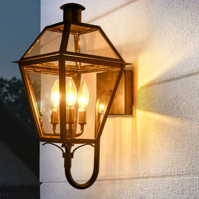 Industrial Waterproof Glass Lantern Iron 3-Light Outdoor Wall Sconce Lamp