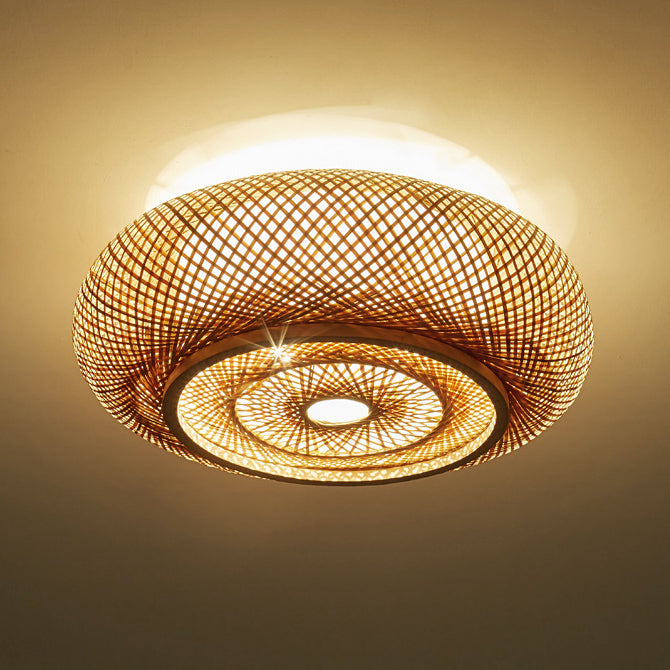 Plafonnier en bambou PVC à une lumière avec monture affleurante, style vintage traditionnel et squelette rond pour salon 