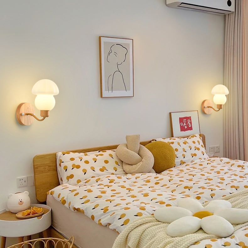 Contemporary Nordic Iron Wood PVC Mushroom 1-Light Wall Sconce Lamp For Bedside