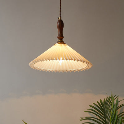 Vintage 1-Light Pleated Fabric Conical Pendant Light