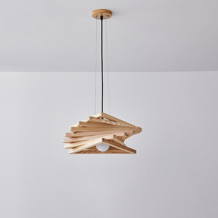 Traditional Japanese Wood Triangle Splicing Swirl 1-Light Pendant Light For Dining Room